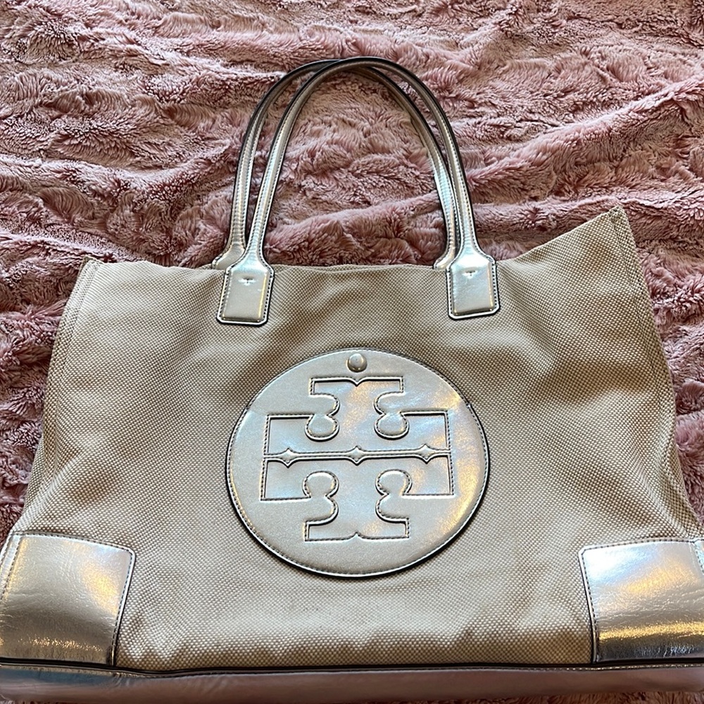 Tory Burch Beige Tote with Metallic Silver Accents